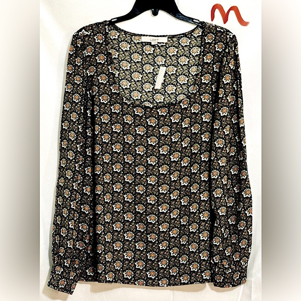 LADIES LOFT NAVY BLUE TOP WITH ORANGE, GREEN & WHITE FLOWERS